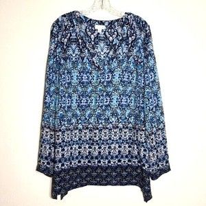J Jill Top Size L Blue Black Mixed Print Split Neck Tunic Long Sleeve Side Slits